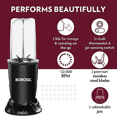 Borosil NutriFresh Portable Mini-Blender & Grinder, 500 ml Blending Jar, 300 ml Chutney Jar, For Blending Smoothies & Chutneys, Dry Grinding Spices, Black, 400 W
