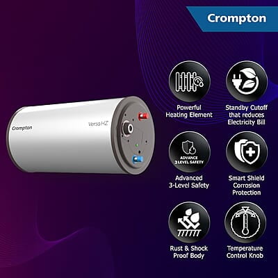 Crompton Versa Horizontal RHS 10L Storage Water Heater (Geyser) with Rust Proof Plastic body and Superior Glassline Coating Crompton Versa Horizontal RHS 10L Storage Water Heater (Geyser) with Rust Proof Plastic body and Superior Glassline Coating