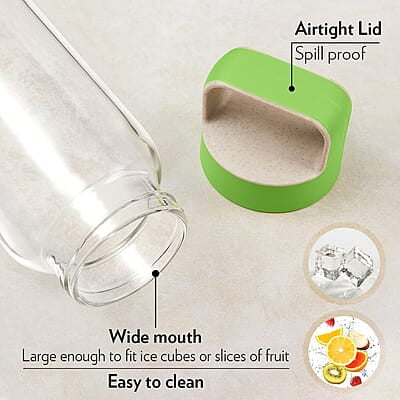 Borosil Crysto Glass Water Bottle, Water Bottle for Fridge Wide Mouth Borosilicate Glass Extreme Temperature Resistant For Hot & Cold Water, Milk, Lassi, Juice, Green Lid 750 ml, Stylish & Transparent