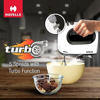 Havells Whisko 300 watt Hand Mixer with Single Eject Button, 5 Speed Turbo Function, Stainless Steel Hooks Havells Whisko 300 watt Hand Mixer with Single Eject Button, 5 Speed Turbo Function, Stainless Steel Hooks