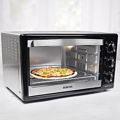 Borosil Prima 42 L Oven Toaster & Grill, Motorised Rotisserie & Convection Heating, 6 Heating Modes, Silver Top & Chrome Front Borosil Prima 42 L Oven Toaster & Grill, Motorised Rotisserie & Convection Heating, 6 Heating Modes, Silver Top & Chrome Front