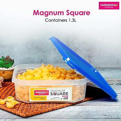 Varmora Magnum Square Smart Kitchen Storage Plastic Container – Blue Lid (1.3 Litres)(Pack of 4) Varmora Magnum Square Smart Kitchen Storage Plastic Container – Blue Lid (1.3 Litres)(Pack of 4)