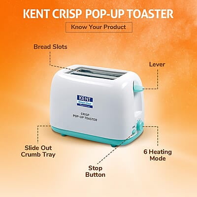 Kent 16105 Crisp Pop Up Toaster 750 Watts | 2 Slice Automatic Pop Up Electric Toaster | 6 Heating Modes | Auto Shut Off | Removable Bread Crumbs Tray | White