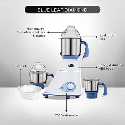 Preethi Blue Leaf Diamond MG-214 750 Watt Mixer Grinder with 3 Jars (Wet Grinding (1.5 litres) + Dry Grinding Jar (0.5 litre) + Chutney Jar (0.4 litre)Stainless steel) Preethi Blue Leaf Diamond MG-214 750 Watt Mixer Grinder with 3 Jars (Wet Grinding (1.5 litres) + Dry Grinding Jar (0.5 litre) + Chutney Jar (0.4 litre)Stainless steel)