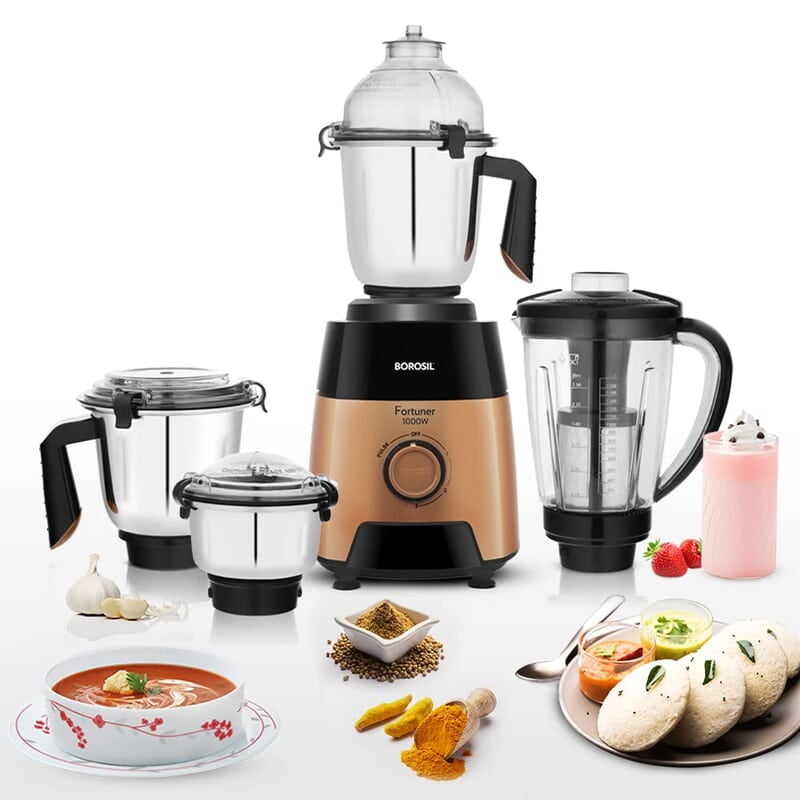 Borosil Fortuner Mixer Grinder Blender Juicer, Copper Motor, For Wet/Dry Mixing & Grinding, Blending Smoothies & Juicing Fruits 1000 Watts, 4 Jars (0.4L+1L+1.2L) (1.5L+1.5L+1.2L+0.4L) Borosil Fortuner Mixer Grinder Blender Juicer, Copper Motor, For Wet/Dry Mixing & Grinding, Blending Smoothies & Juicing Fruits 1000 Watts, 4 Jars (0.4L+1L+1.2L) (1.5L+1.5L+1.2L+0.4L)