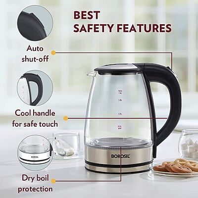 Borosil Electric Glass Kettle, Borosilicate Glass, Extra Long Cord, Dry-boil Protection, 360° Rotating Base, 1.8 L, Transparent Borosil Electric Glass Kettle, Borosilicate Glass, Extra Long Cord, Dry-boil Protection, 360° Rotating Base, 1.8 L, Transparent