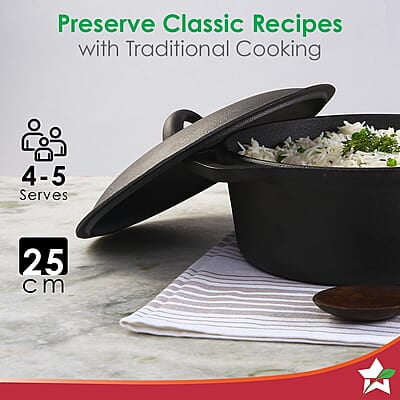 Wonderchef Forza 25 cm Cast-Iron Casserole with Lid Pre-Seasoned Cookware 4.7 L