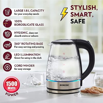 Borosil Electric Glass Kettle, Borosilicate Glass, Extra Long Cord, Dry-boil Protection, 360° Rotating Base, 1.8 L, Transparent Borosil Electric Glass Kettle, Borosilicate Glass, Extra Long Cord, Dry-boil Protection, 360° Rotating Base, 1.8 L, Transparent
