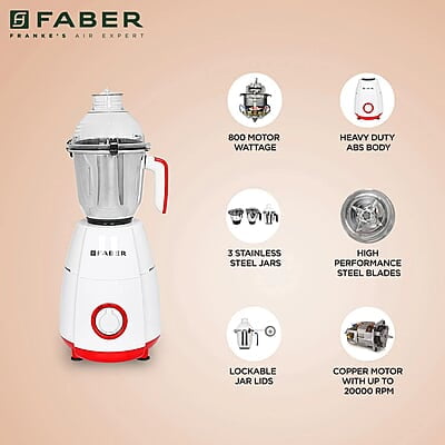 Faber Crown 800W Blender Mixer Grinder, 3 SS clip lock jars and blades copper motor, up to 20000 rpm speed Faber Crown 800W Blender Mixer Grinder, 3 SS clip lock jars and blades copper motor, up to 20000 rpm speed