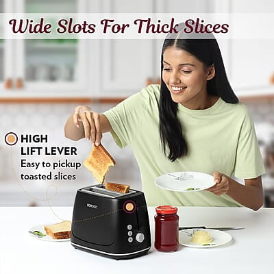 Borosil Krispy Pop-up Toaster, Black, 2-Slice Toaster, 7 Browning Settings, Removable Crumb Tray, 750 W Borosil Krispy Pop-up Toaster, Black, 2-Slice Toaster, 7 Browning Settings, Removable Crumb Tray, 750 W
