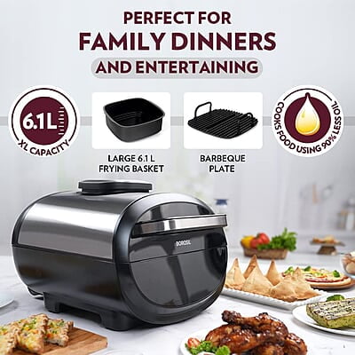 Borosil Bestdigi Air-Fryer, Top Load Air Fryer, Large Capacity, 8 Pre-Set Menus, 8 In 1 Functionality, 6.1 L, 1700 Watt, 6.1 liter, Black
