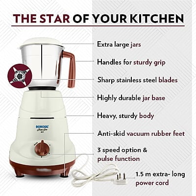 Borosil Home Star Mixer Grinder, For Wet/Dry Mixing & Grinding, 500 Watts, 3 Stainless Steel Jars(1.2 L Blending Jar, 800 ml Dry/Wet Grinder, 400 ml Chutney Jar), Mixie For Kitchen Borosil Home Star Mixer Grinder, For Wet/Dry Mixing & Grinding, 500 Watts, 3 Stainless Steel Jars(1.2 L Blending Jar, 800 ml Dry/Wet Grinder, 400 ml Chutney Jar), Mixie For Kitchen