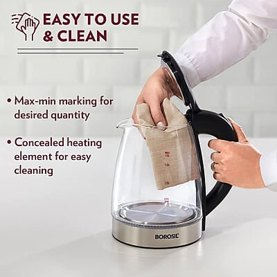 Borosil Electric Glass Kettle, Borosilicate Glass, Extra Long Cord, Dry-boil Protection, 360° Rotating Base, 1.8 L, Transparent Borosil Electric Glass Kettle, Borosilicate Glass, Extra Long Cord, Dry-boil Protection, 360° Rotating Base, 1.8 L, Transparent