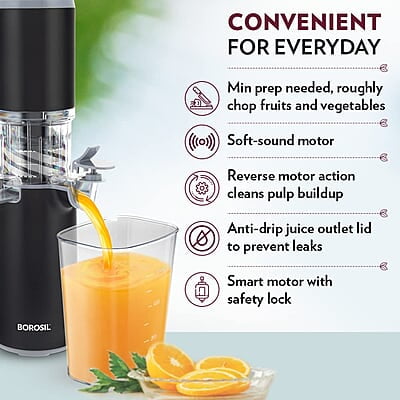 Borosil Easy Juice Cold Press Slow Juicer, Portable Slow Juicer, Compact Design, Less Oxidation, For Fresh Fruits & Vegetables, 130 W Borosil Easy Juice Cold Press Slow Juicer, Portable Slow Juicer, Compact Design, Less Oxidation, For Fresh Fruits & Vegetables, 130 W