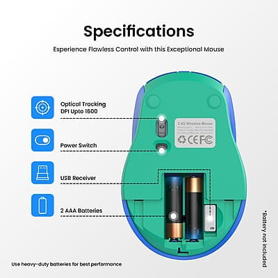 Portronics Toad 31 Wireless Mouse with 2.4 GHz Connectivity, USB Receiver, 10m Working Distance, Ergonomic Design, Auto Power Saving, Adjustable DPI for Laptop & PC