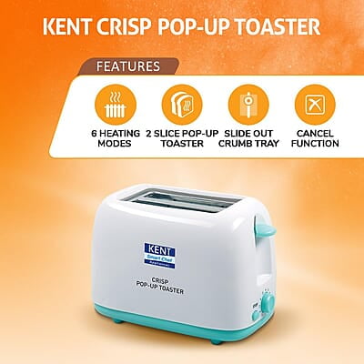 Kent 16105 Crisp Pop Up Toaster 750 Watts | 2 Slice Automatic Pop Up Electric Toaster | 6 Heating Modes | Auto Shut Off | Removable Bread Crumbs Tray | White