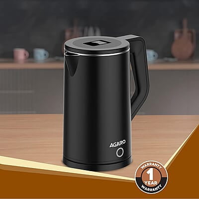 AGARO Elegant Electric Kettle, 1.8L, Double Layered Kettle, Stainless Steel Inner Body Black