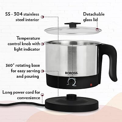 Borosil 1 L 600W Stainless Steel Omni Electric Kettle with Egg and Momo Tray | Water Heater Jug | Auto Cut-off, Overheat & Dry Boil Protection | Multipurpose Kettle | 1 Year Warranty