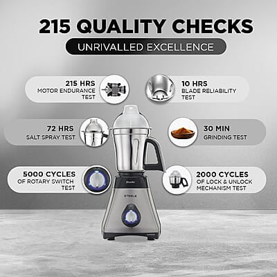Preethi Steel Supreme MG-208 mixer grinder, 750 watt (Silver/ Black), 4 jars - Super Extractor juicer Jar, Vega W5 Preethi Steel Supreme MG-208 mixer grinder, 750 watt (Silver/ Black), 4 jars - Super Extractor juicer Jar, Vega W5