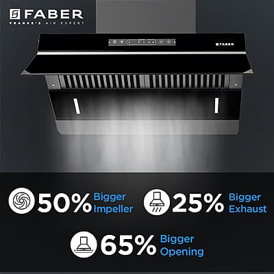 Faber 90cm 1500m³/hr Autoclean Kitchen Chimney Digital Display Filterless Slant Body T-Shape Panel Touch+Gesture Faber 90cm 1500m³/hr Autoclean Kitchen Chimney Digital Display Filterless Slant Body T-Shape Panel Touch+Gesture