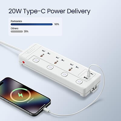 Portronics Power Plate 18 Extension Board with 3 Universal Power Sockets, 1500 Watts, 3 Meter Long Heavy-Duty Cord