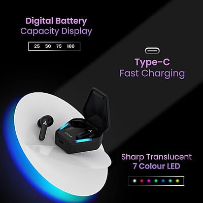 Ambrane True Wireless Gaming in Ear Earbuds, 56ms Ultra-Low Latency, Lag-Free Audio, 18 Hours Long Playtime, Instant Pairing with Bluetooth V5.0, Boosted Bass, IPX4