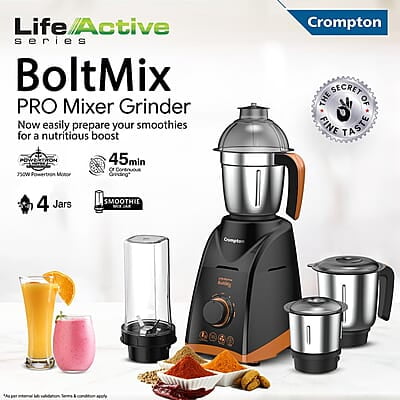 Crompton Boltmix Pro Mixer, Grinder & Blender, Heavy Duty 750W Powertron Motor, 3 Stainless steel Blade, 1 unbreakable jar & Motor Vent-X Technology