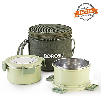 Borosil Glory Green Stainless Steel Lunchbox with Bag | 3 pcs Container Set (280 ml Each) | Microwavable Tiffin Borosil Glory Green Stainless Steel Lunchbox with Bag | 3 pcs Container Set (280 ml Each) | Microwavable Tiffin