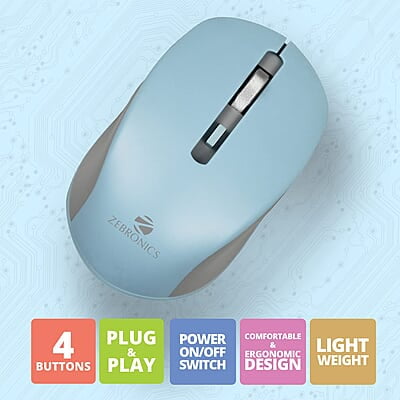 ZEBRONICS Zeb-Jaguar Wireless Mouse, 2.4GHz with USB Nano Receiver, High Precision Optical Tracking, 4 Buttons, Plug & Play, Ambidextrous, for PC/Mac/Laptop
