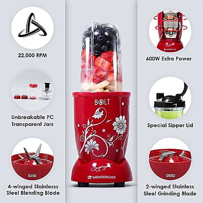 Wonderchef Nutri-blend BOLT Food Processor & Atta Kneader 600W 22000 RPM 4 unbreakable jars with Sipper lid Red Wonderchef Nutri-blend BOLT Food Processor & Atta Kneader 600W 22000 RPM 4 unbreakable jars with Sipper lid Red