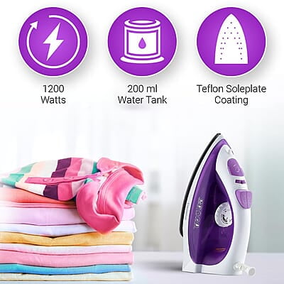 Crompton Fabrimagic Plus 1250 W Steam Iron with 200 ml water tank, Upto 13g /min Steam Output and Teflon Coating Soleplate Crompton Fabrimagic Plus 1250 W Steam Iron with 200 ml water tank, Upto 13g /min Steam Output and Teflon Coating Soleplate