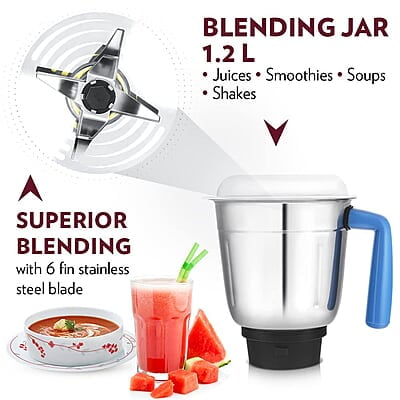 Borosil Star Mixer Grinder, For Wet/Dry Mixing & Grinding, 500 Watts, 3 Jars (400 ml Chutney Jar, 1.2 L Multipurpose Jar, 0.8 L Dry/Wet Grinding Jar), Mixie For Kitchen, Blue Borosil Star Mixer Grinder, For Wet/Dry Mixing & Grinding, 500 Watts, 3 Jars (400 ml Chutney Jar, 1.2 L Multipurpose Jar, 0.8 L Dry/Wet Grinding Jar), Mixie For Kitchen, Blue