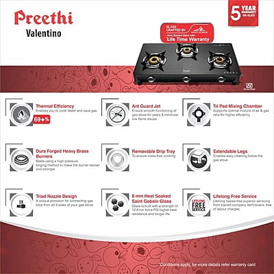 Preethi Valentino Glass top 3 Burner Gas Stove, Manual Ignition, Black ISI Approved Preethi Valentino Glass top 3 Burner Gas Stove, Manual Ignition, Black ISI Approved