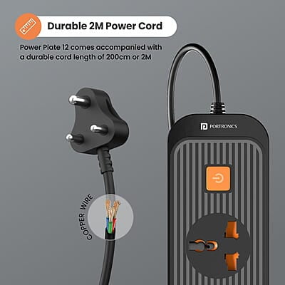 Portronics Power Plate 12 Extension Board with 4 Universal Sockets, 2 Meter Long Cord, 1500 Watt, Fireproof Material Portronics Power Plate 12 Extension Board with 4 Universal Sockets, 2 Meter Long Cord, 1500 Watt, Fireproof Material