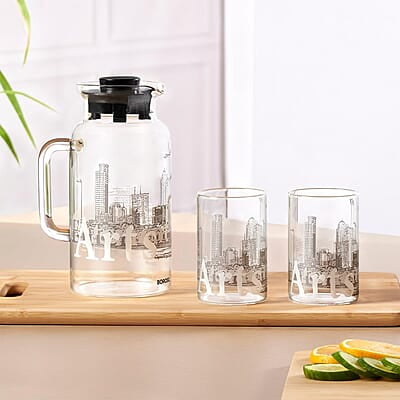 Borosil Artisan Series Roma 1000ml Multipurpose Jug with 2 pc Medium (295 ml) Glass Set | 100% Borosilicate, Fridge & Freezer, Dishwasher Safe | Glass Jug with Tumbler | Transparent