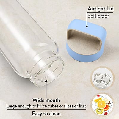 Borosil Crysto Wide Mouth Glass Water Bottle with Blue Lid | 750ml, Borosilicate Glass, Leakproof, Easy to Carry, Fridge & Dishwasher Safe | Can Use For, Lassi, Juice, Smoothies Borosil Crysto Wide Mouth Glass Water Bottle with Blue Lid | 750ml, Borosilicate Glass, Leakproof, Easy to Carry, Fridge & Dishwasher Safe | Can Use For, Lassi, Juice, Smoothies