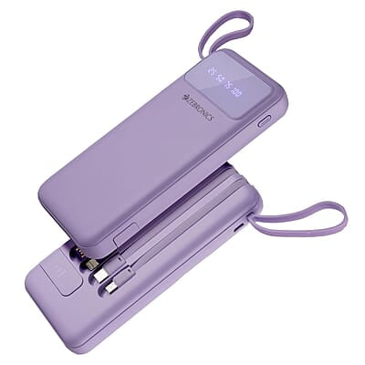 ZEBRONICS MB10000S6 Power Bank, 10000 mAh, 12W, 5 x Outputs - Dual USB A | Type C | Micro USB | Lightning, Built in I/O Cables, Mobile Holder, Percentage Display, Carry Loop