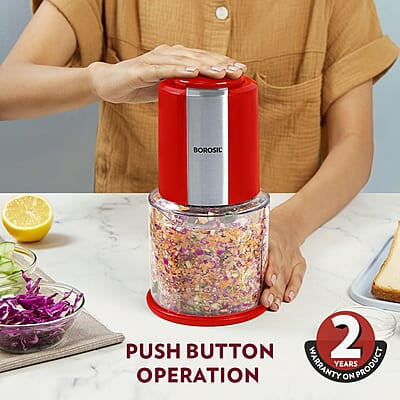 Borosil Chef Delite 300 Watts Electric Chopper for Kitchen, Twin Blade Technology, 600 ml 'chop-n-store' plastic bowl with lid, Vegetable Chopper, Cutter, Chop, Mince, Dice, Whisk, Blend, Red Borosil Chef Delite 300 Watts Electric Chopper for Kitchen, Twin Blade Technology, 600 ml 'chop-n-store' plastic bowl with lid, Vegetable Chopper, Cutter, Chop, Mince, Dice, Whisk, Blend, Red