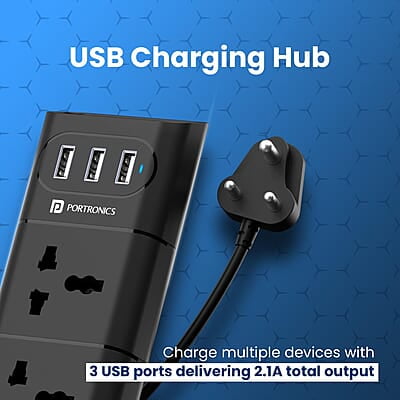 Portronics Power Plate II Extension Board - 1500W - 3 USB Ports, 3 Power Sockets, Overload Protection