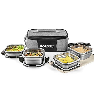 Borosil Feast Stainless Steel Lunch Box with Bag | Set of 4 (400 ml x 2 + 250 ml x 2), Square