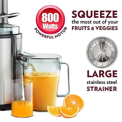 Borosil Primus Plus Juicer, 800 W, Stainless Steel Centrifugal Juicer, 1.1 L Juice Jug, 75 mm Feed Chute, Black