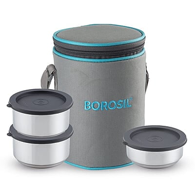 Borosil Carry Fresh Prime Stainless Steel Luncboxes with Carry Bag, Set of 3 (280 ml x 2, 180 ml x 1)