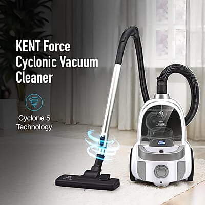 KENT Force Cyclonic Vacuum Cleaner KSL 160 2000W Washable HEPA Filter Low Noise Rubberized Wheels Multiple Accessories Bagless Design Auto Cord Retractor White/Silver KENT Force Cyclonic Vacuum Cleaner KSL 160 2000W Washable HEPA Filter Low Noise Rubberized Wheels Multiple Accessories Bagless Design Auto Cord Retractor White/Silver