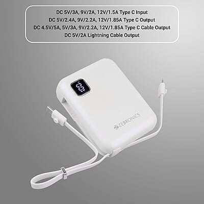 ZEBRONICS MW64 Compact Power Bank, 10000 mAh, Rapid Charge, 22.5W Output, Outputs - Type C Cable | Type C Port | Lightning Port, Percentage Indicator ZEBRONICS MW64 Compact Power Bank, 10000 mAh, Rapid Charge, 22.5W Output, Outputs - Type C Cable | Type C Port | Lightning Port, Percentage Indicator