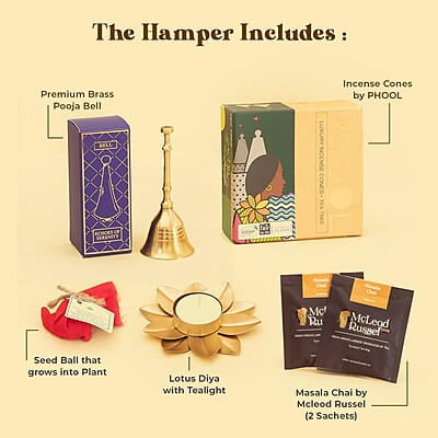 Eat Better Co Samriddhi Gift Hamper with Laxmi Design for Diwali - 11 Item Gift Pack - Dry Fruit Laddoos, Chocolate Coated Nuts with Phool Incense Cones, Golden Bell & Lanten Diya | Diwali Gifting Box
