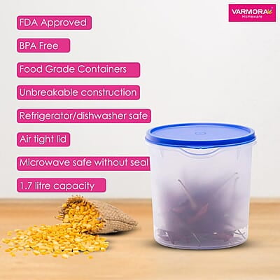 Varmora Magnum Round Smart Kitchen Storage Plastic Container – Blue Lid (750 ml) (Pack of 4) Varmora Magnum Round Smart Kitchen Storage Plastic Container – Blue Lid (750 ml) (Pack of 4)