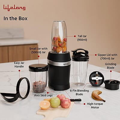 Lifelong Nutri Blender for Smoothies and Juices 100% Copper Motor- 1000 Watt with Detachable Handle 3 jars Mixer Grinder