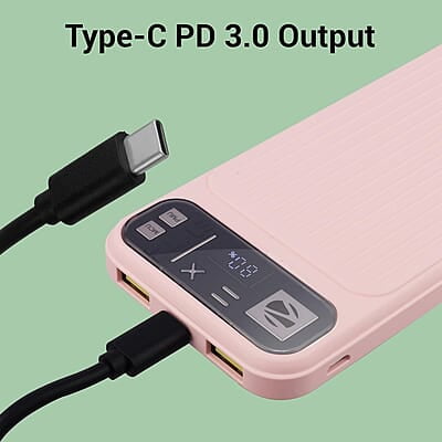 ZEBRONICS MB10000S13 Power Bank, 10000 mAh, Rapid Charge, 22.5W Output, Dual USB Output, PD 3.0 Type C, Built in Protections, Percentage Indicator, Made in India