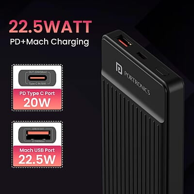 Portronics Luxcell B 10K 10000 mAh 22.5W Fast Charging Power Bank, Ultra Slim Power Bank with Mach USB-A Output, Type C PD Output Portronics Luxcell B 10K 10000 mAh 22.5W Fast Charging Power Bank, Ultra Slim Power Bank with Mach USB-A Output, Type C PD Output