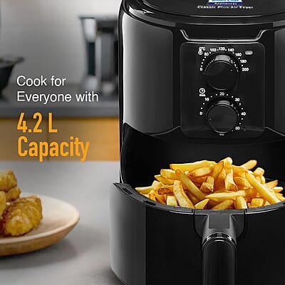 KENT Classic Plus Air Fryer | 1300W Power & 4.2L Capacity | Vapour Steam for Crisp Frying, Grill, Roast, Steam & Bake | Auto Cut-Off | 80% Less Oil | High Temperature & Uniform Heating | Black KENT Classic Plus Air Fryer | 1300W Power & 4.2L Capacity | Vapour Steam for Crisp Frying, Grill, Roast, Steam & Bake | Auto Cut-Off | 80% Less Oil | High Temperature & Uniform Heating | Black